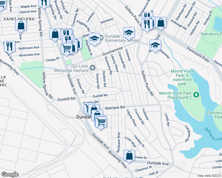 map of restaurants, bars, coffee shops, grocery stores, and more near 3116 Dunglow Road in Dundalk