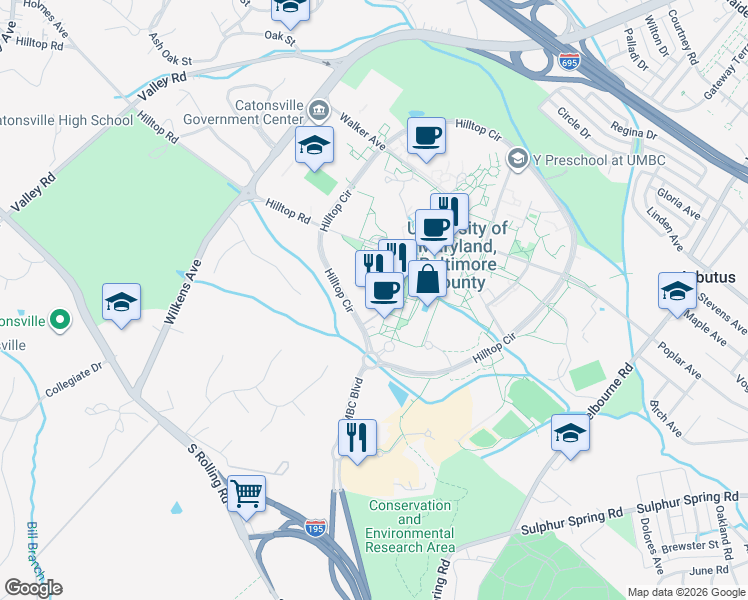 map of restaurants, bars, coffee shops, grocery stores, and more near 1000 Hilltop Circle in Baltimore