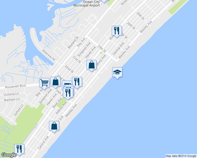 map of restaurants, bars, coffee shops, grocery stores, and more near 3100 Wesley Avenue in Ocean City