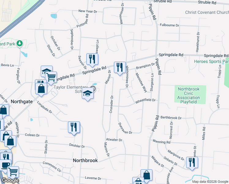 map of restaurants, bars, coffee shops, grocery stores, and more near 9991 Dunraven Drive in Cincinnati