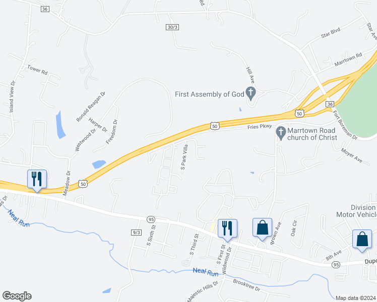 map of restaurants, bars, coffee shops, grocery stores, and more near 40 Park Avenue in Parkersburg