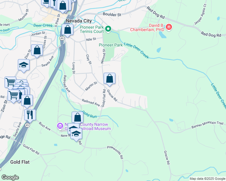 map of restaurants, bars, coffee shops, grocery stores, and more near 301 Gracie Road in Nevada City