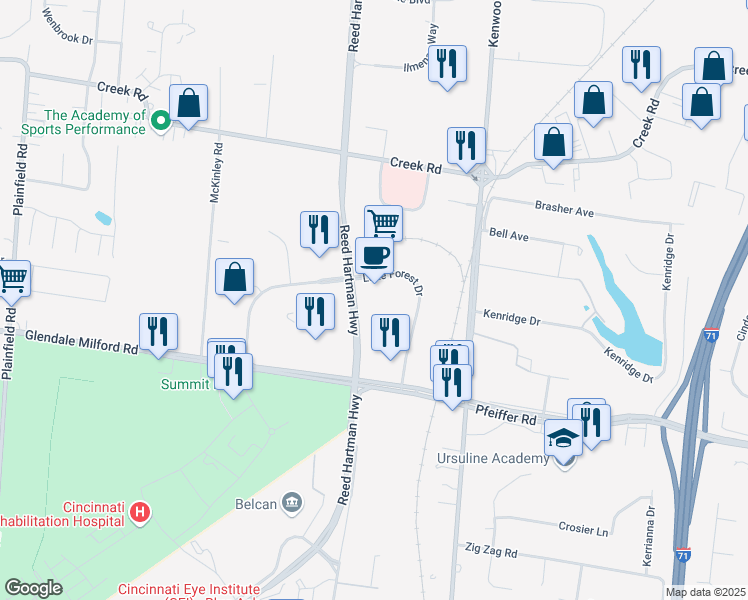 map of restaurants, bars, coffee shops, grocery stores, and more near 4625 Lake Forest Drive in Blue Ash