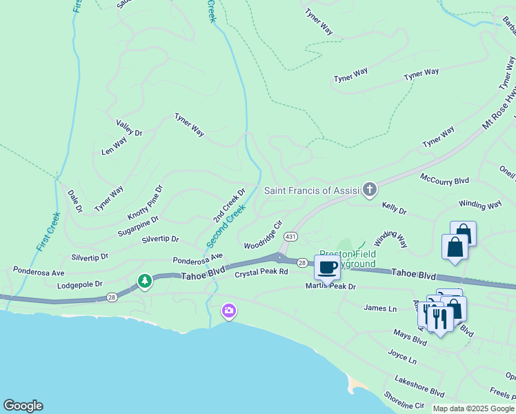 map of restaurants, bars, coffee shops, grocery stores, and more near 321 Woodridge Way in Incline Village