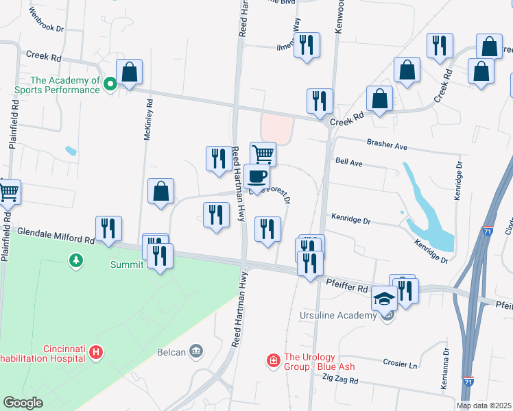 map of restaurants, bars, coffee shops, grocery stores, and more near 4625 Lake Forest Drive in Blue Ash