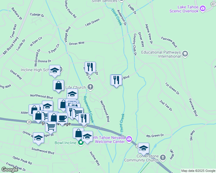 map of restaurants, bars, coffee shops, grocery stores, and more near 955 Fairway Boulevard in Incline Village