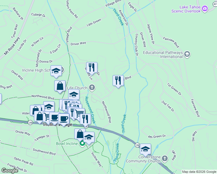 map of restaurants, bars, coffee shops, grocery stores, and more near 955 Fairway Boulevard in Incline Village