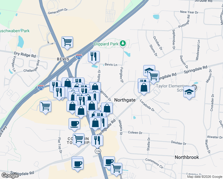 map of restaurants, bars, coffee shops, grocery stores, and more near 3454 Redskin Drive in Cincinnati