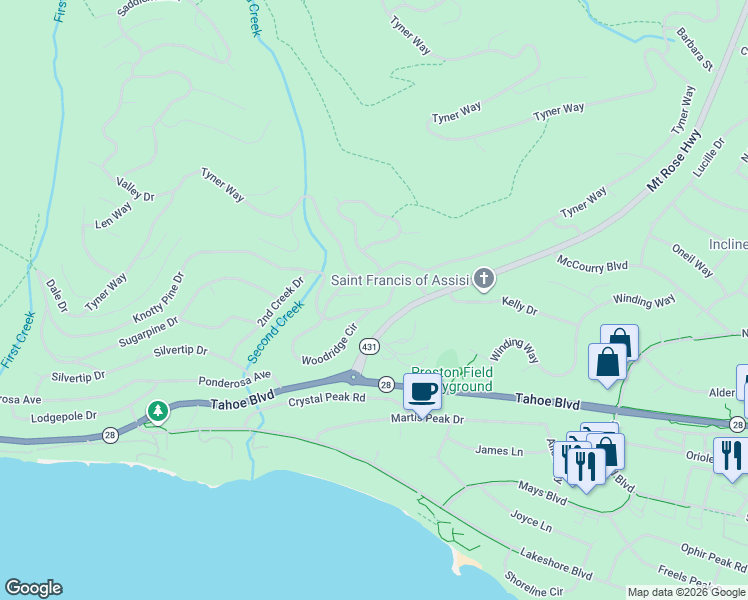 map of restaurants, bars, coffee shops, grocery stores, and more near 643 2nd Creek Drive in Incline Village