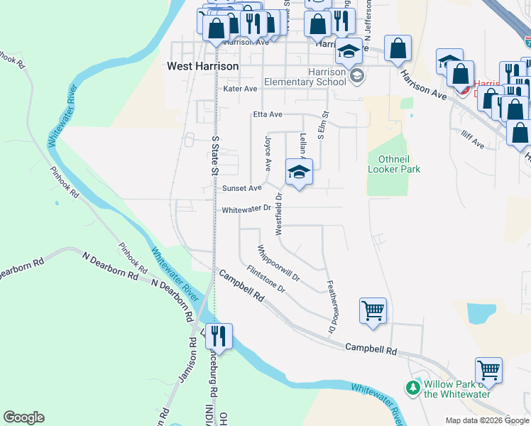 map of restaurants, bars, coffee shops, grocery stores, and more near 83 Whippoorwill Drive in Harrison