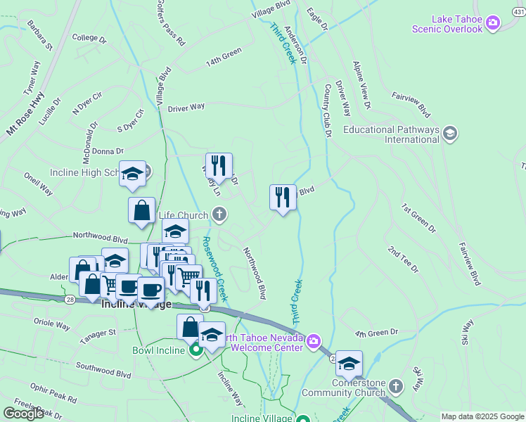 map of restaurants, bars, coffee shops, grocery stores, and more near 955 Fairway Boulevard in Incline Village