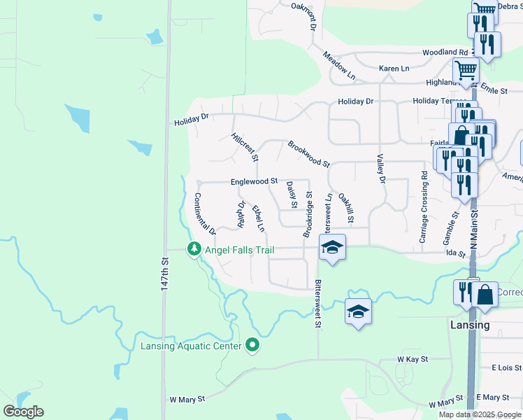 map of restaurants, bars, coffee shops, grocery stores, and more near 105 Ethel Lane in Lansing