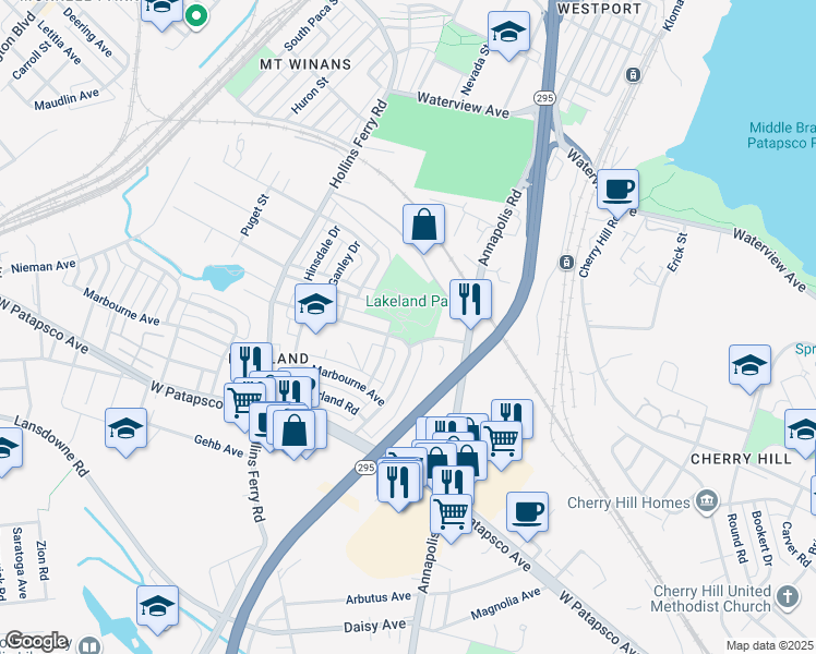 map of restaurants, bars, coffee shops, grocery stores, and more near 2761 Wegworth Lane in Baltimore