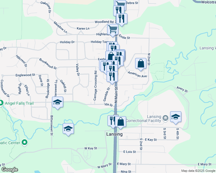 map of restaurants, bars, coffee shops, grocery stores, and more near 211 North Main Street in Lansing