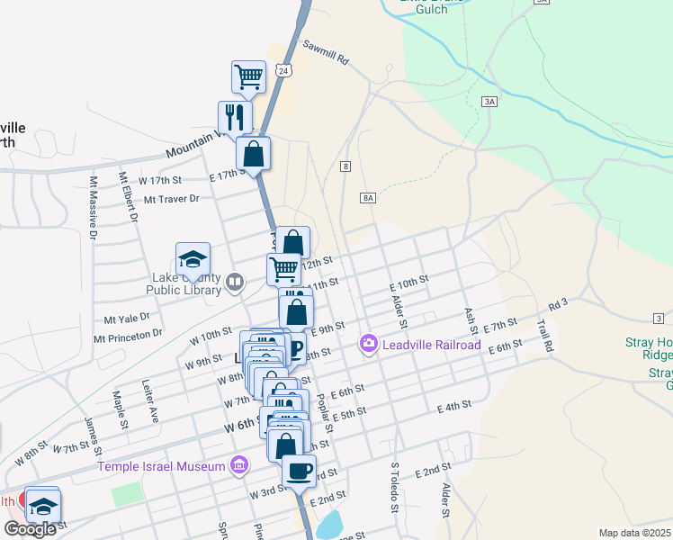map of restaurants, bars, coffee shops, grocery stores, and more near 329 East 11th Street in Leadville