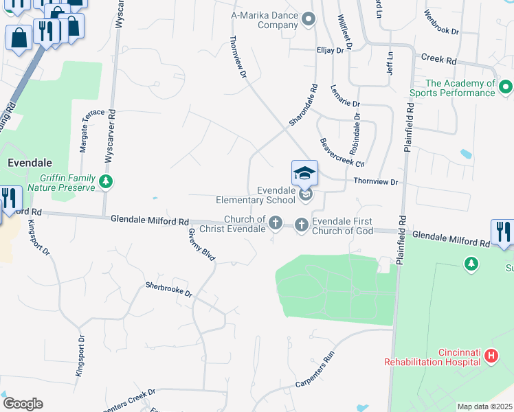 map of restaurants, bars, coffee shops, grocery stores, and more near 3766 Glendale Milford Road in Cincinnati