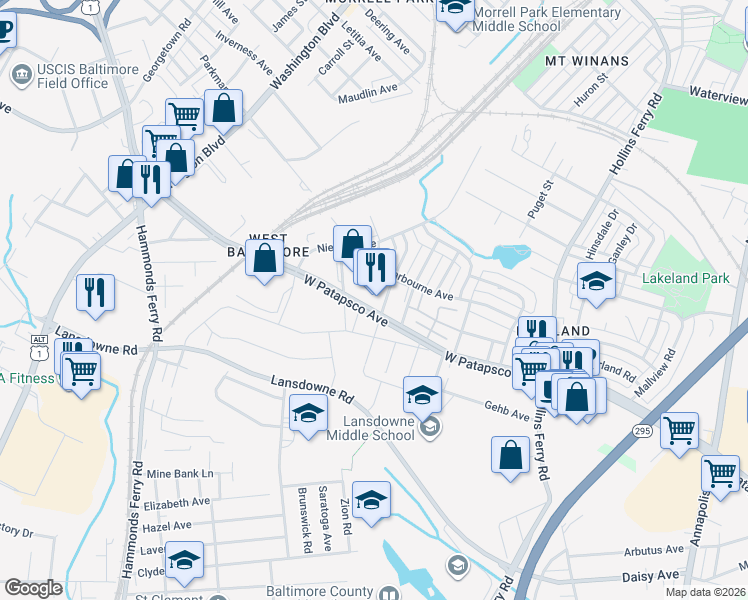 map of restaurants, bars, coffee shops, grocery stores, and more near 2650 West Patapsco Avenue in Baltimore