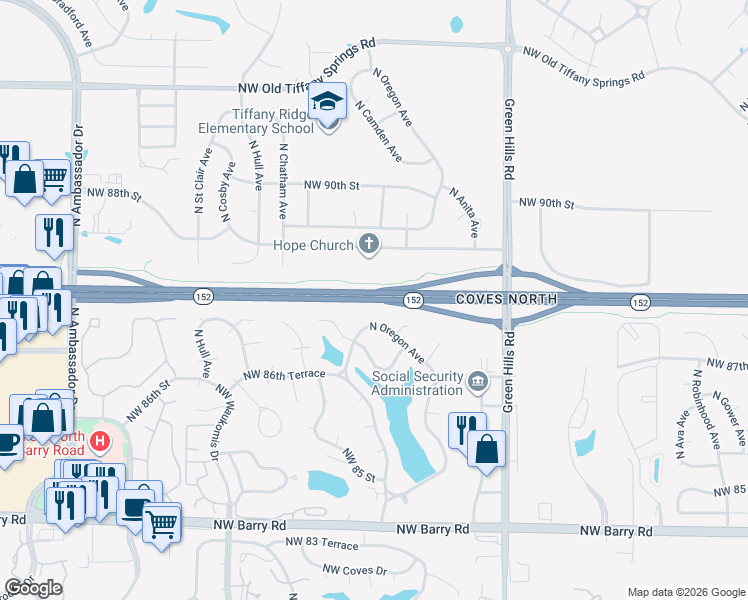 map of restaurants, bars, coffee shops, grocery stores, and more near Missouri 152 in Kansas City