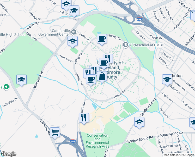 map of restaurants, bars, coffee shops, grocery stores, and more near Academic Row in Baltimore