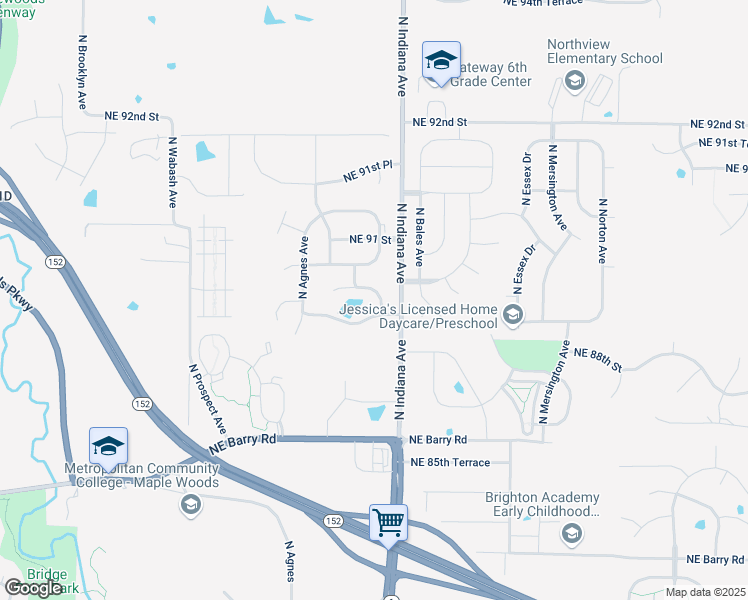 map of restaurants, bars, coffee shops, grocery stores, and more near 3208 Northeast 88th Terrace in Kansas City