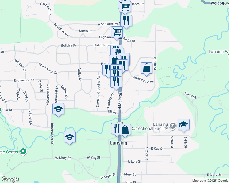 map of restaurants, bars, coffee shops, grocery stores, and more near 211 North Main Street in Lansing