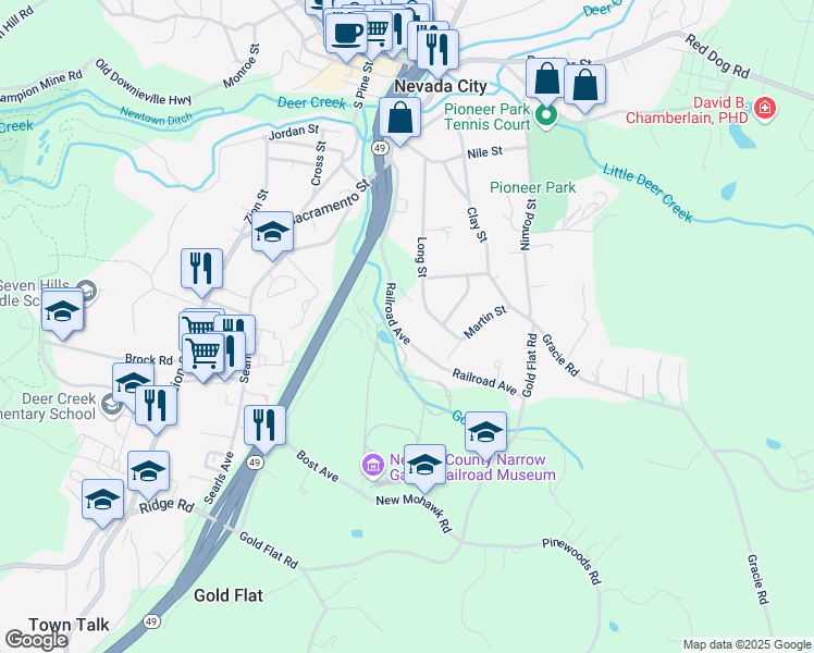 map of restaurants, bars, coffee shops, grocery stores, and more near 420 Railroad Avenue in Nevada City