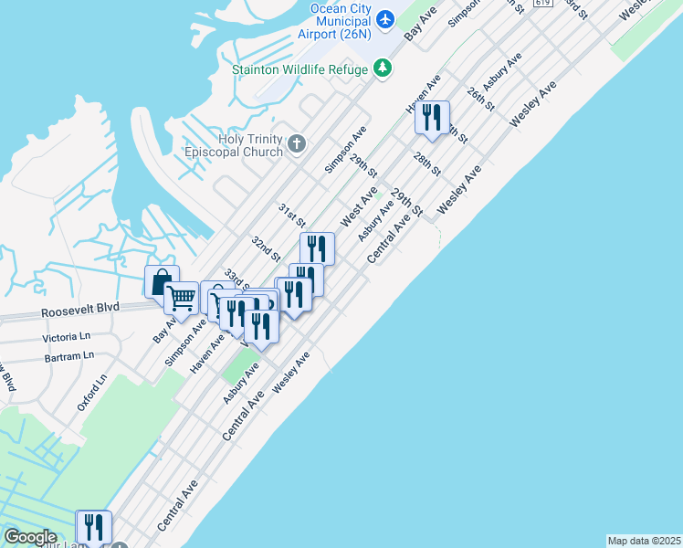 map of restaurants, bars, coffee shops, grocery stores, and more near 3125 Central Avenue in Ocean City