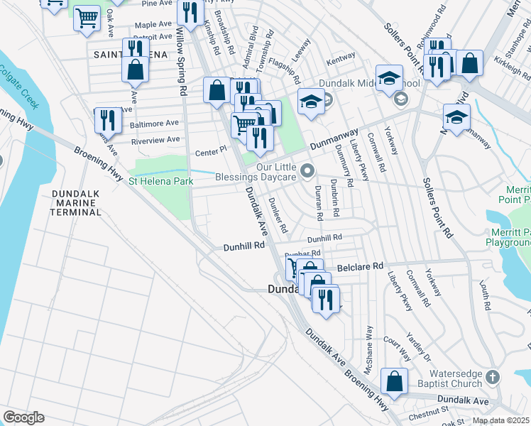 map of restaurants, bars, coffee shops, grocery stores, and more near 3011 Dundalk Avenue in Dundalk