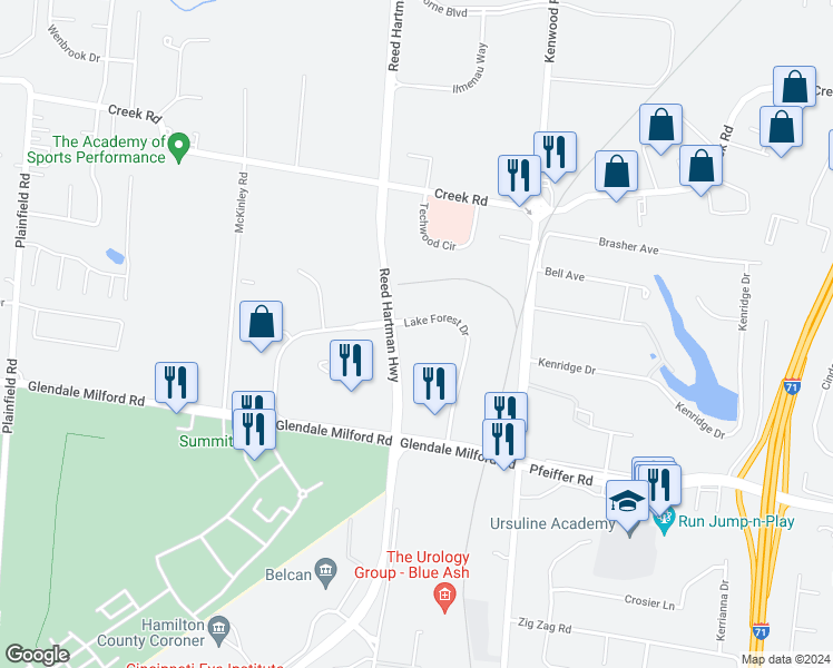 map of restaurants, bars, coffee shops, grocery stores, and more near 4625 Lake Forest Drive in Blue Ash