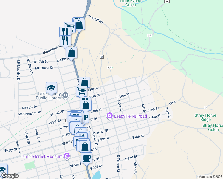 map of restaurants, bars, coffee shops, grocery stores, and more near 428 East 12th Street in Leadville
