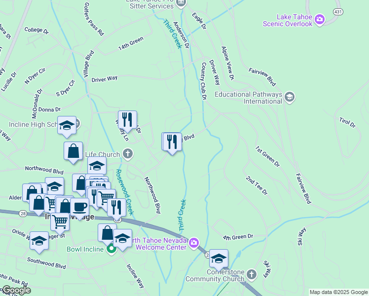 map of restaurants, bars, coffee shops, grocery stores, and more near 970 Fairway Boulevard in Incline Village
