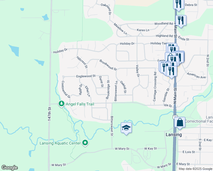 map of restaurants, bars, coffee shops, grocery stores, and more near 107 Daisy Street in Lansing