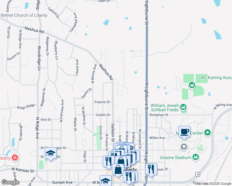 map of restaurants, bars, coffee shops, grocery stores, and more near 621 Gallatin Street in Liberty