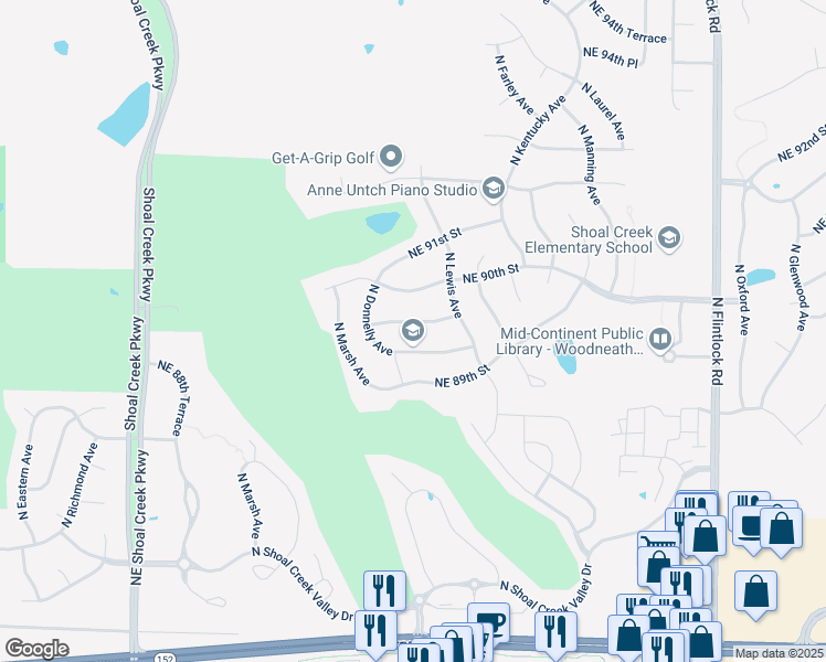 map of restaurants, bars, coffee shops, grocery stores, and more near 8500 Northeast 89th Place in Kansas City
