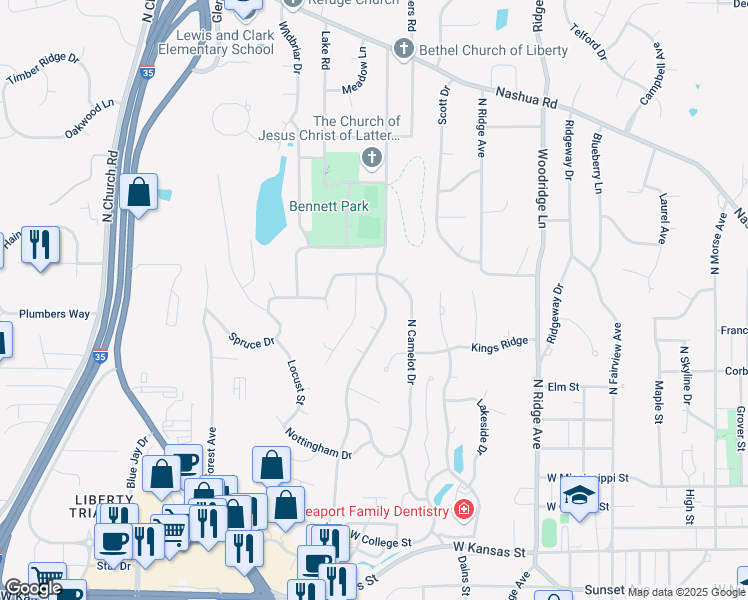 map of restaurants, bars, coffee shops, grocery stores, and more near 620 North Clayview Drive in Liberty