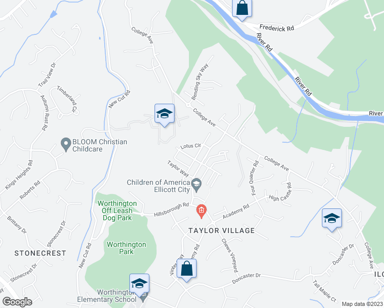 map of restaurants, bars, coffee shops, grocery stores, and more near 4151 Lotus Circle in Ellicott City
