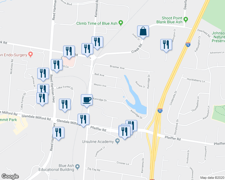 map of restaurants, bars, coffee shops, grocery stores, and more near 5251 Meyers Avenue in Cincinnati