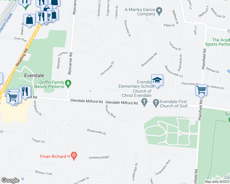 map of restaurants, bars, coffee shops, grocery stores, and more near 3693 Moorhill Drive in Cincinnati