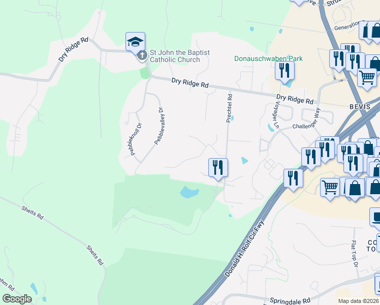map of restaurants, bars, coffee shops, grocery stores, and more near 9887 Kittywood Drive in Cincinnati