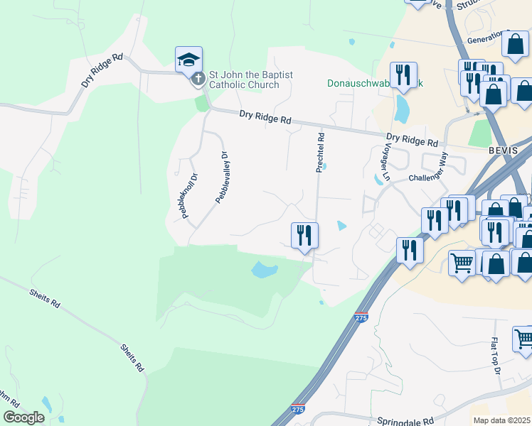 map of restaurants, bars, coffee shops, grocery stores, and more near 9887 Kittywood Drive in Cincinnati