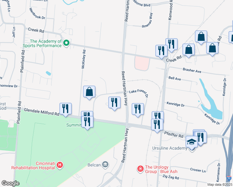 map of restaurants, bars, coffee shops, grocery stores, and more near Lake Forest Drive in Blue Ash