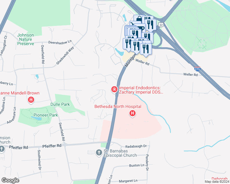 map of restaurants, bars, coffee shops, grocery stores, and more near 10613 Montgomery Road in Montgomery