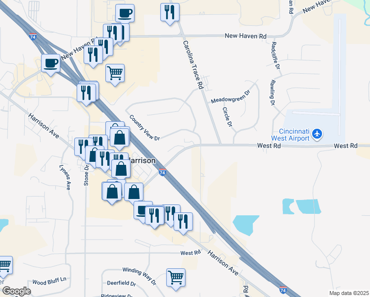 map of restaurants, bars, coffee shops, grocery stores, and more near 10250 Harrison Avenue in Harrison