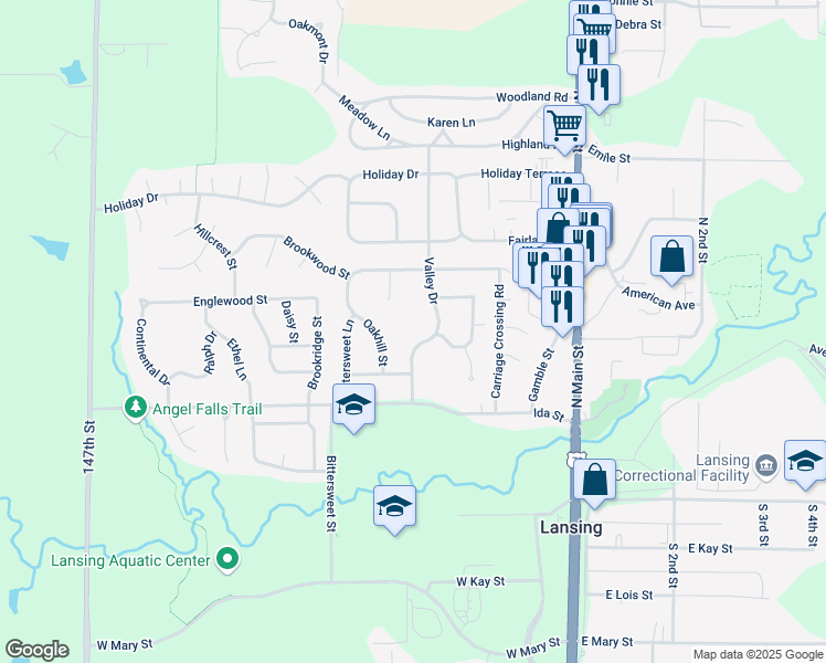map of restaurants, bars, coffee shops, grocery stores, and more near 107 Brookwood Court in Lansing