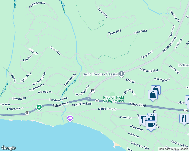 map of restaurants, bars, coffee shops, grocery stores, and more near 663 Tyner Way in Incline Village