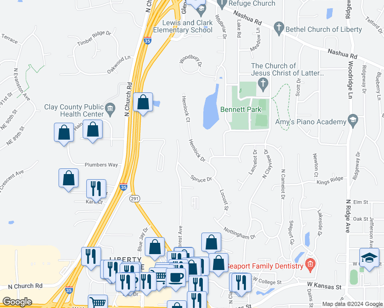 map of restaurants, bars, coffee shops, grocery stores, and more near 1484 Hemlock Drive in Liberty