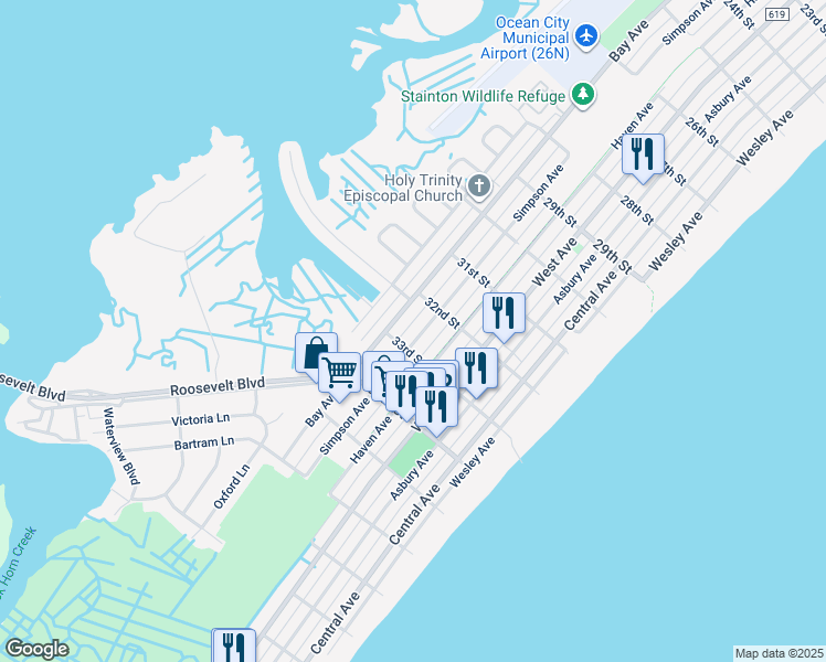 map of restaurants, bars, coffee shops, grocery stores, and more near 3208 Simpson Avenue in Ocean City