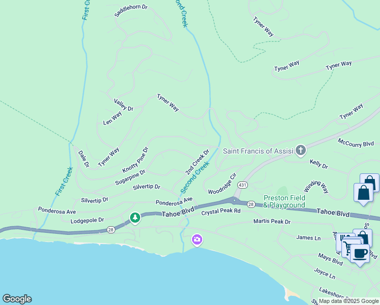 map of restaurants, bars, coffee shops, grocery stores, and more near 588 Sugarpine Drive in Incline Village