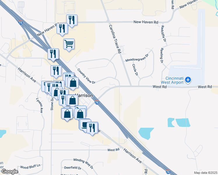 map of restaurants, bars, coffee shops, grocery stores, and more near 10250 West Road in Harrison