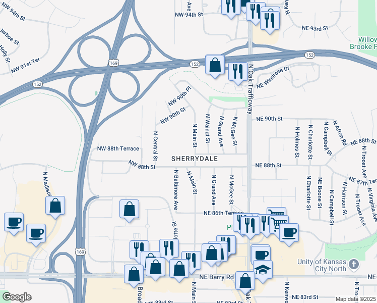 map of restaurants, bars, coffee shops, grocery stores, and more near 8840 North Main Street in Kansas City